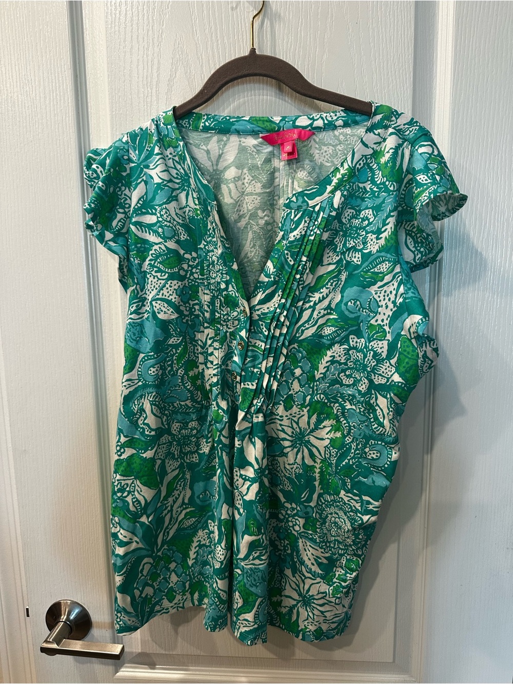 Lilly Pulitzer Teal and White Floral V-Neck Blouse NWOT